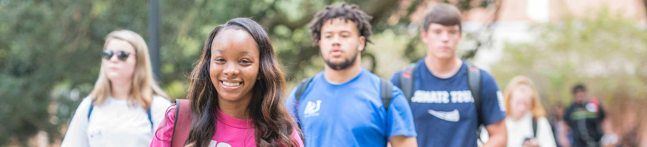 USA Students walking on campus between classes.